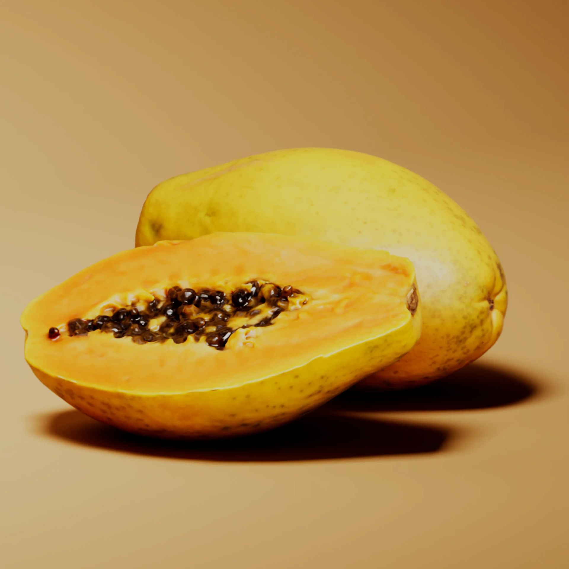 3D scanned papaya cut open showing seeds and flesh