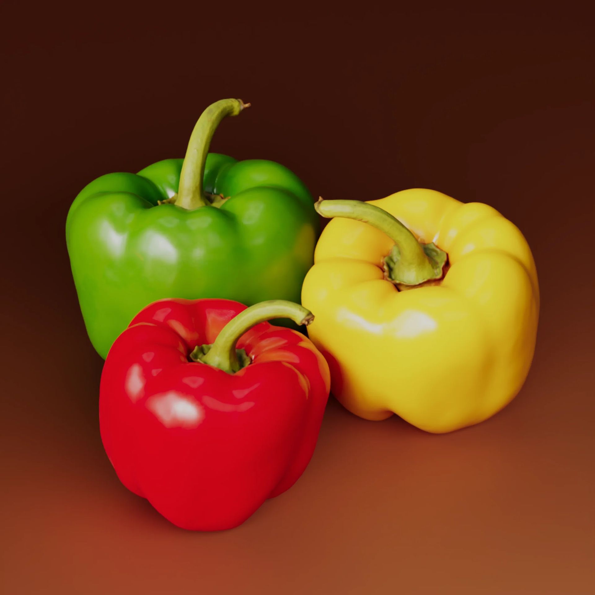 3D scanned colorful bell peppers red yellow and green