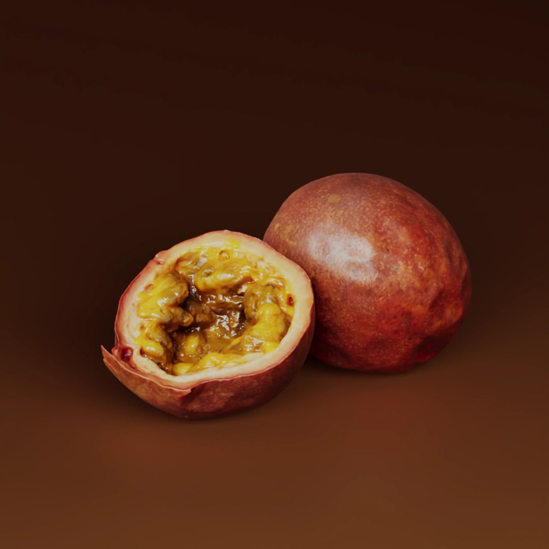 3D scanned passion fruit cut in half showing seeds