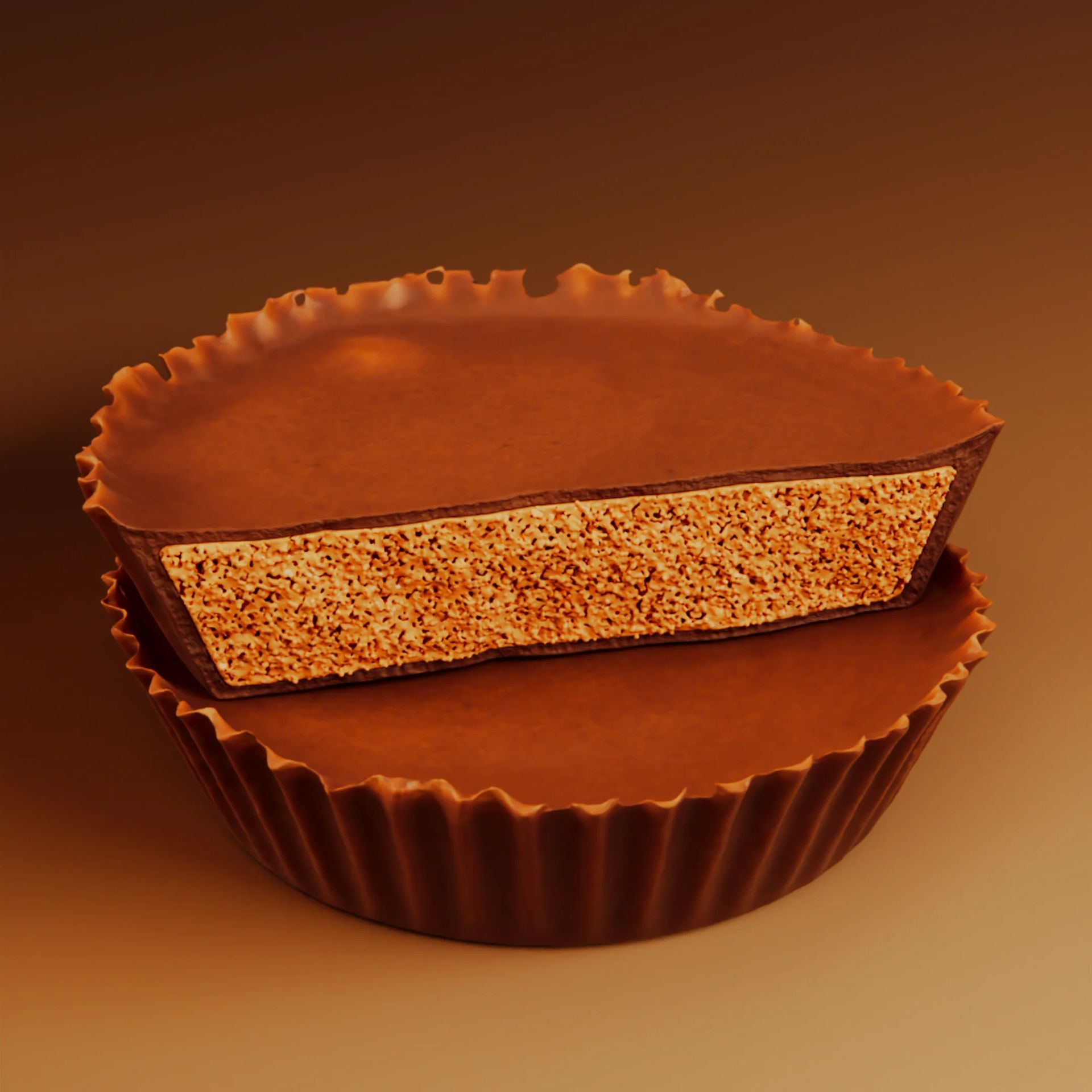3D scanned peanut butter cup with chocolate shell cross-section