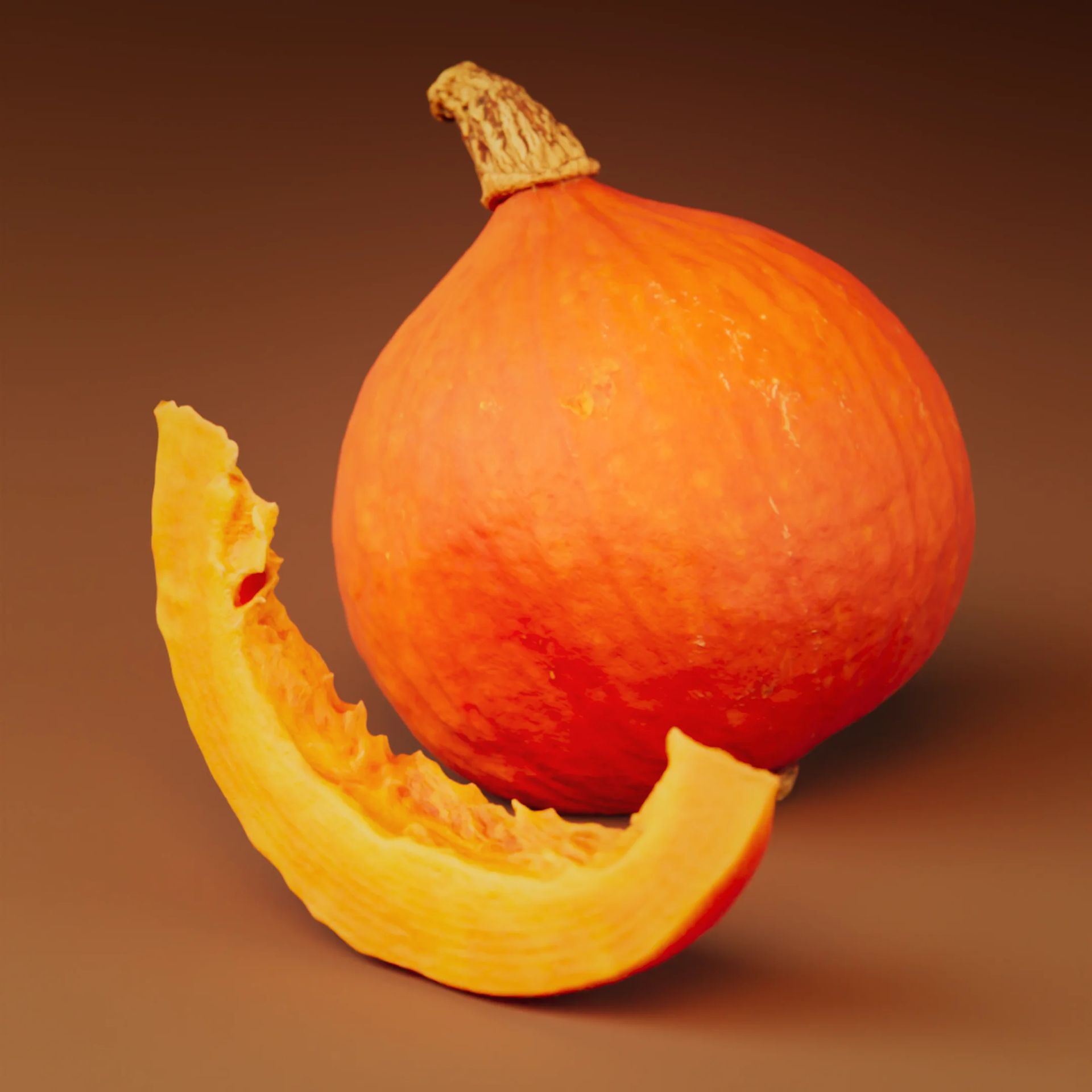 3D rendered pumpkin with sliced wedge on warm brown background